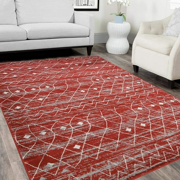 Moroccan Trellis Area Rug Carpet- Red/White/Gray