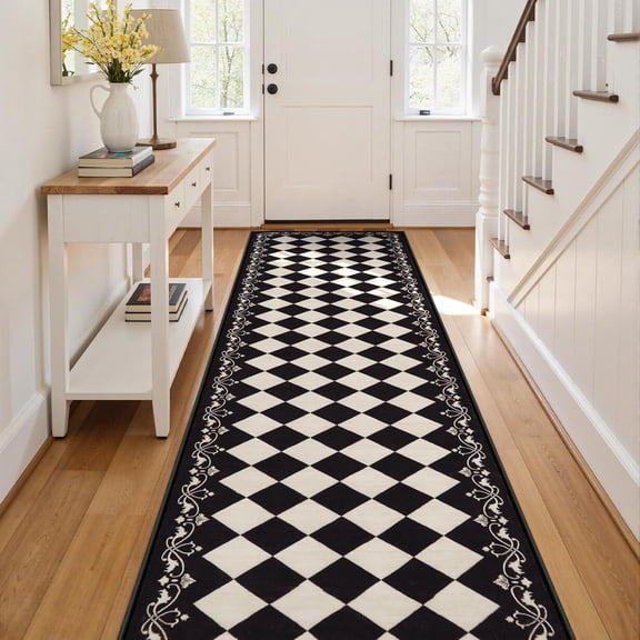 Moroccan Trellis Black and White Runner Rug 2.5x8 Washable Carpet Runners for Hallway 8ft, Soft Low Pile Checkered Bathroom Rug Gingham Print Kitchen Mordern Plaid Carpet for Bedsides Laundry