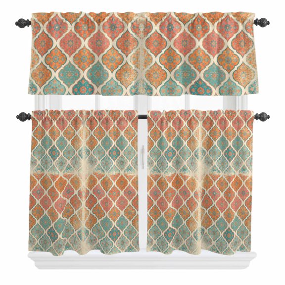 Moroccan Trellis Curtain Valances Set Red Orange Teal Geometric Flower Texture Kitchen Curtains 24 inch Length Rod Pocket Valance and Tiers 3 Piece Set Small Bedroom Bathroom Laundry Decor