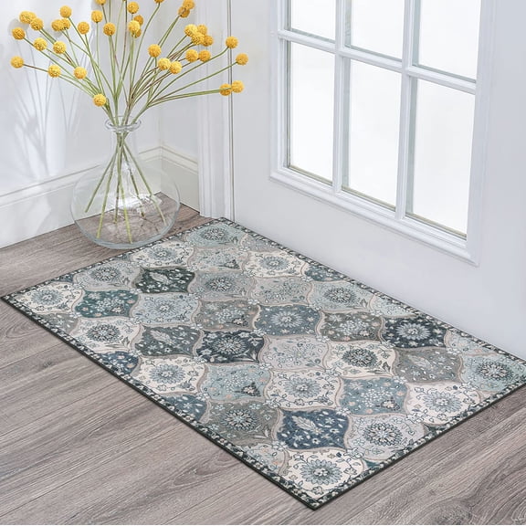 Moroccan Trellis Front Door Mat Indoor Entrance  2x3 Rugs For Entryway Non-slip Washable Oriental Accent Small Rug Kitchen Bedroom Bathroom Elise Blue