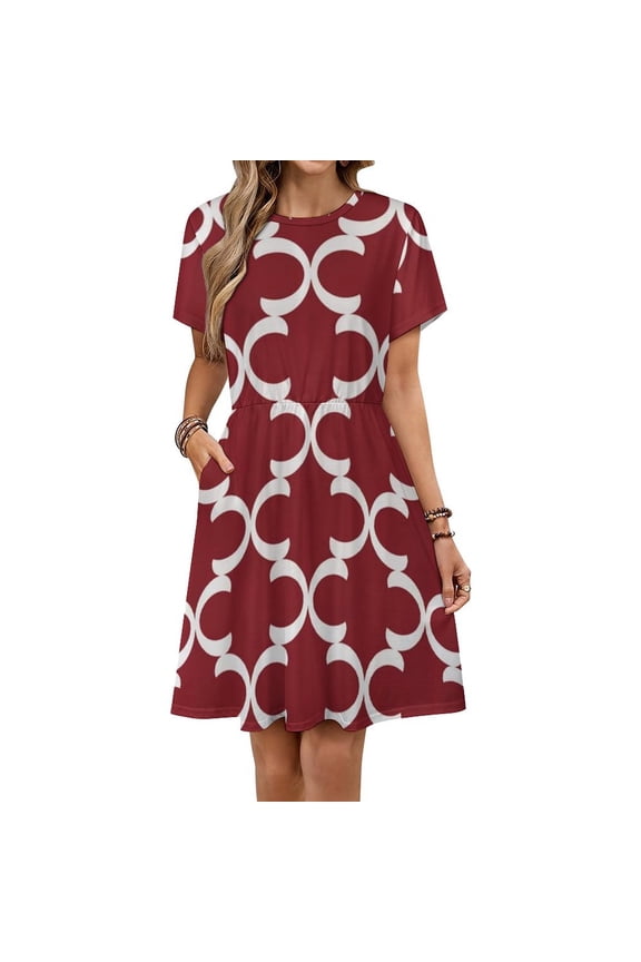 Moroccan Trellis Geometric Lattice Red And White Dress Fashion Beach Short Sleeve Dresses Female Party Printed Sundress