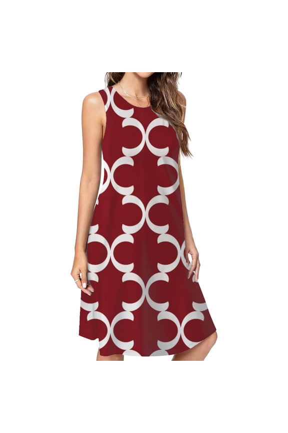 Moroccan Trellis Geometric Lattice Red And White Dress Loose Women'S Dress Beach Dresses With Pockets Dresses For Womens