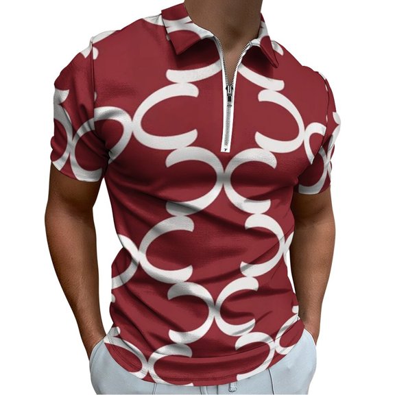 Moroccan Trellis Geometric Lattice Red And White Men Zipper T-shirt Summer Casual Short Sleeve T-shirt Top
