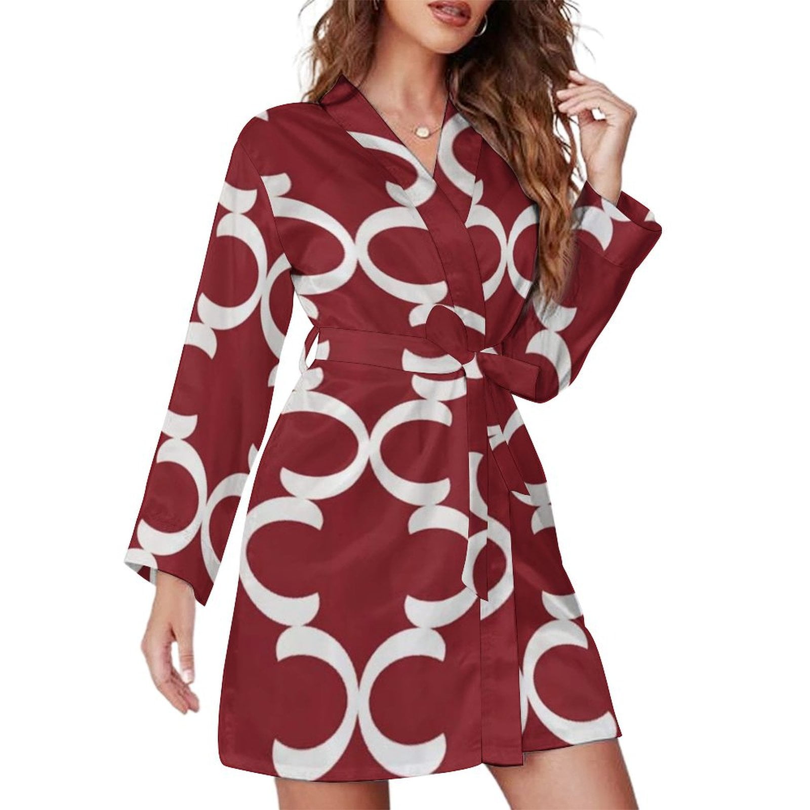 Moroccan Trellis Geometric Lattice Red And White Night Robe Long Sleeve ...
