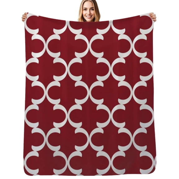 Moroccan Trellis Geometric Lattice Red and White Flannel Blankets Soft Warm Throw Blanket Autumn Camping Bedroom Aesthetic Bedspread