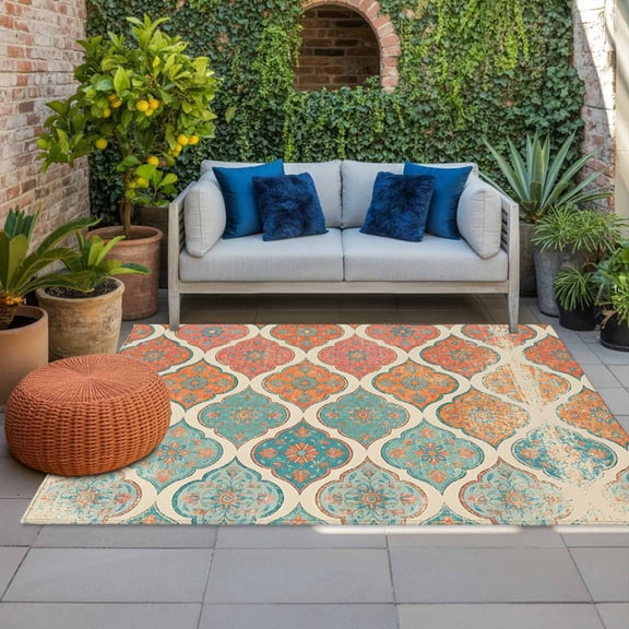 Moroccan Trellis Indoor Outdoor Rugs 4x6 Ft, Red Orange Teal Geometric Flower Texture Outdoor Patio Rugs Mat Washable Outside Area Rugs Carpet for Porch Deck RV Camping Pool Balcony Backyard