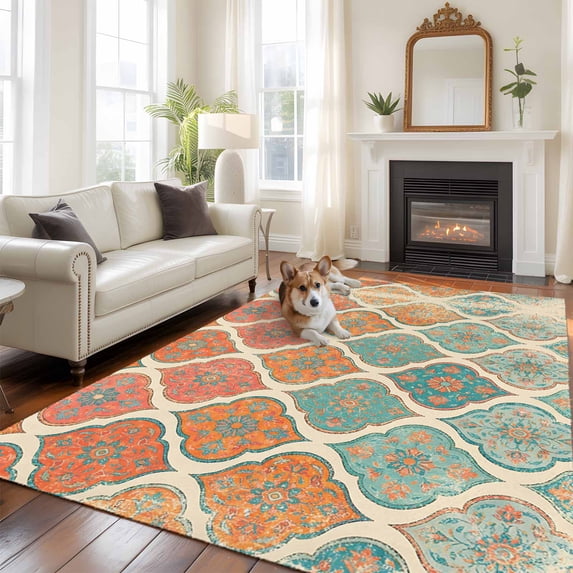 Moroccan Trellis Large Area Rugs 8x10 ft Red Orange Teal Geometric Flower Texture Washable Rug Non Slip Indoor Carpet Absorbent Floor Mat for Living Room Bedroom Dining Room