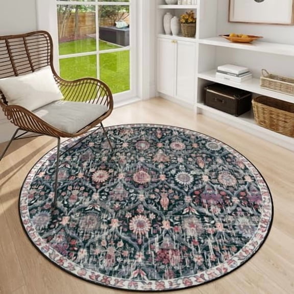 Moroccan Trellis Round Area Rugs, Washable Small Round Rug 3ft Non-Slip, Soft Vintage Ultra-Thin Circle Carpet for Bedroom Entryway Kitchen Laundry Bathroom, Black/Multi