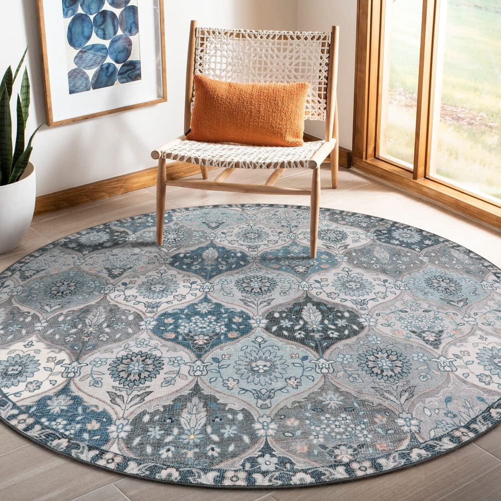 Moroccan Trellis Round Rug 5ft Blue Faux Machine Wash Non-slip Backing ...