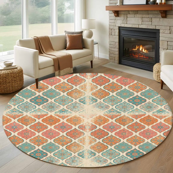 Moroccan Trellis Round Rugs for Living Room 6ft Red Orange Teal Geometric Flower Texture Non Slip Circle Rug Washable Low-Profile Indoor Carpet for Bedroom, Dining Room, Bathroom