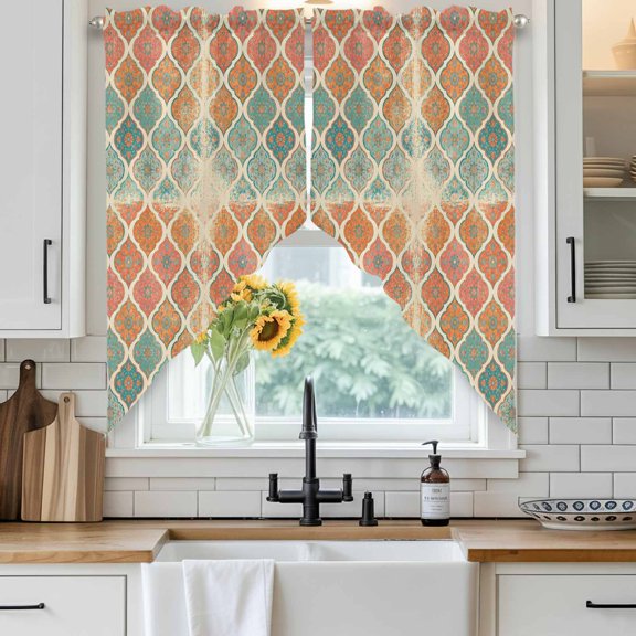 Moroccan Trellis Swag Curtain Valance for Windows, Red Orange Teal Geometric Flower Texture Window Treatments Short Swag Topper for Kitchen Windows Bathroom Bedroom, 36"x63"