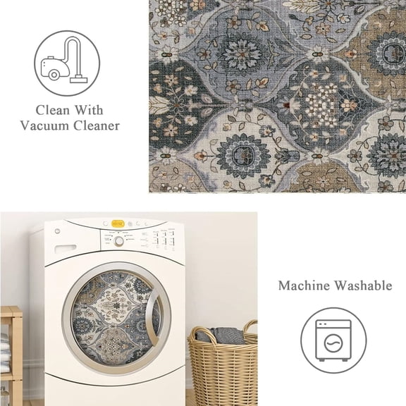 Moroccan Trellis Washable Area Rug, 5x7 Rugs for Living Room Indoor Non-Slip, Large Oriental Accent Throw Carpet for Bedroom Entryway Bathroom Office, Grey