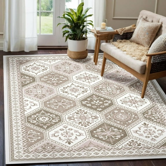 Moroccan Trellis Washable Area Rug - Beige Geometric Diamond Design With Non-Slip Backing 3x5ft