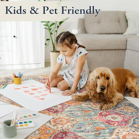 Moroccan Trellis Washable Area Rugs 5x7, 5x7 Area Rugs for Living Room Bedroom, Indoor Non-Slip Large Oriental Accent Throw Carpet for Kitchen Entryway Bathroom Office, Cream/Multi