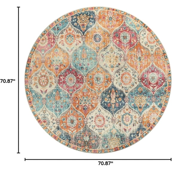 Moroccan Trellis Washable Round Area Rug, Soft Round Rugs 6ft Ultra-Thin Non-Slip, Vintage Large Circle Carpet for Bedroom Living Room Kitchen Nursery, Cream/Multi