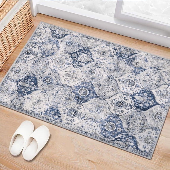 Moroccan Trellis Washable Rug, Kitchen Rugs for Entryway Bathroom, Non-Slip Indoor Door Mat Ultra-Thin, Small Oriental Throw Carpet for Bedroom Entry