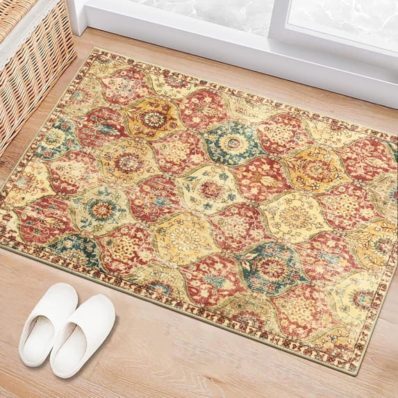 Moroccan Trellis Washable Rug, Kitchen Rugs for Entryway Bathroom, Non-Slip Indoor Door Mat Ultra-Thin, Small Oriental Throw Carpet for Bedroom Entry