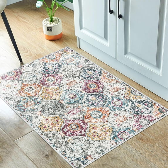 Moroccan Trellis Washable Rug, Kitchen Rugs for Entryway Bathroom, Non-Slip Indoor Door Mat Ultra-Thin, Small Oriental Throw Carpet for Bedroom Entry