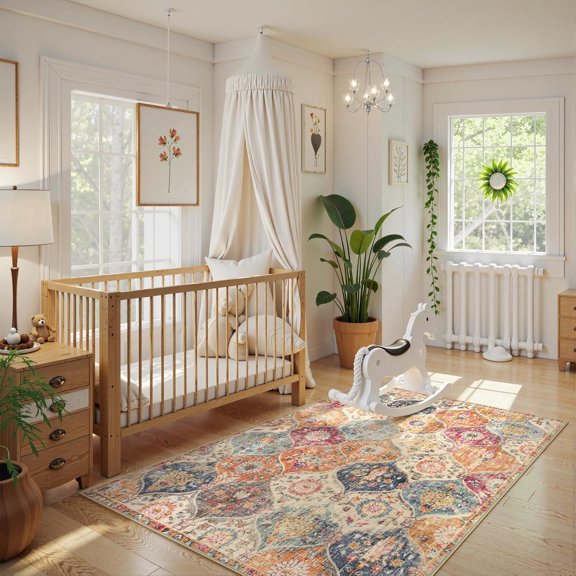 Moroccan Trellis Washable Small Area Rug, 3x5 Area Rug for Bedroom Living Room, Non-Slip Oriental Accent Throw Carpet for Kitchen Office Entryway Bathroom Office, Cream/Multi