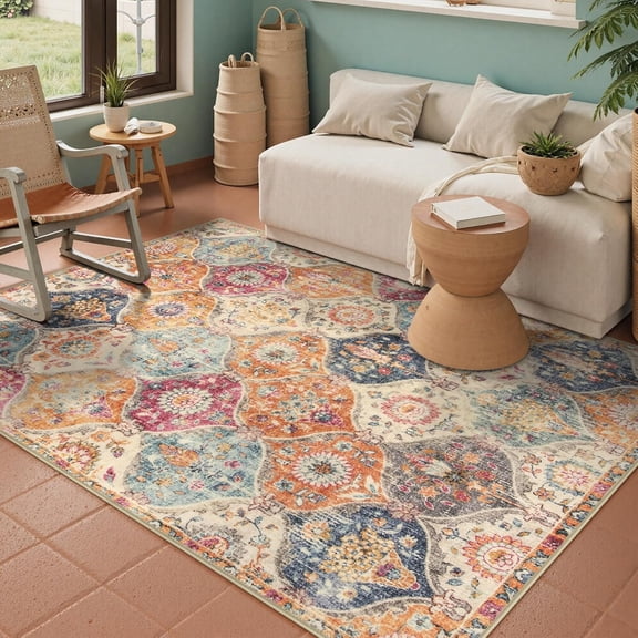 Moroccan Trellis Washable Small Area Rug, 3x5 Area Rug for Bedroom Living Room, Non-Slip Oriental Accent Throw Carpet for Kitchen Office Entryway Bathroom Office, Cream/Multi