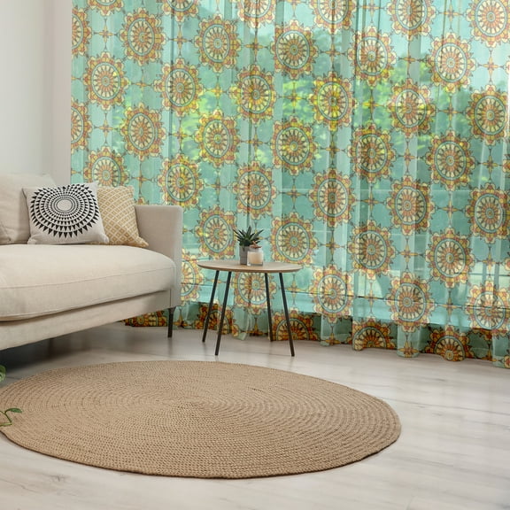 Moroccan Tulle Curtains with Rod Pocket, Ornamental Abstract Moroccan Motif with Old Fashion Victorian Influences Art, Sheer Drape for Wedding Party 2 Panels, 7 Sizes, Mint Orange, by Ambesonne