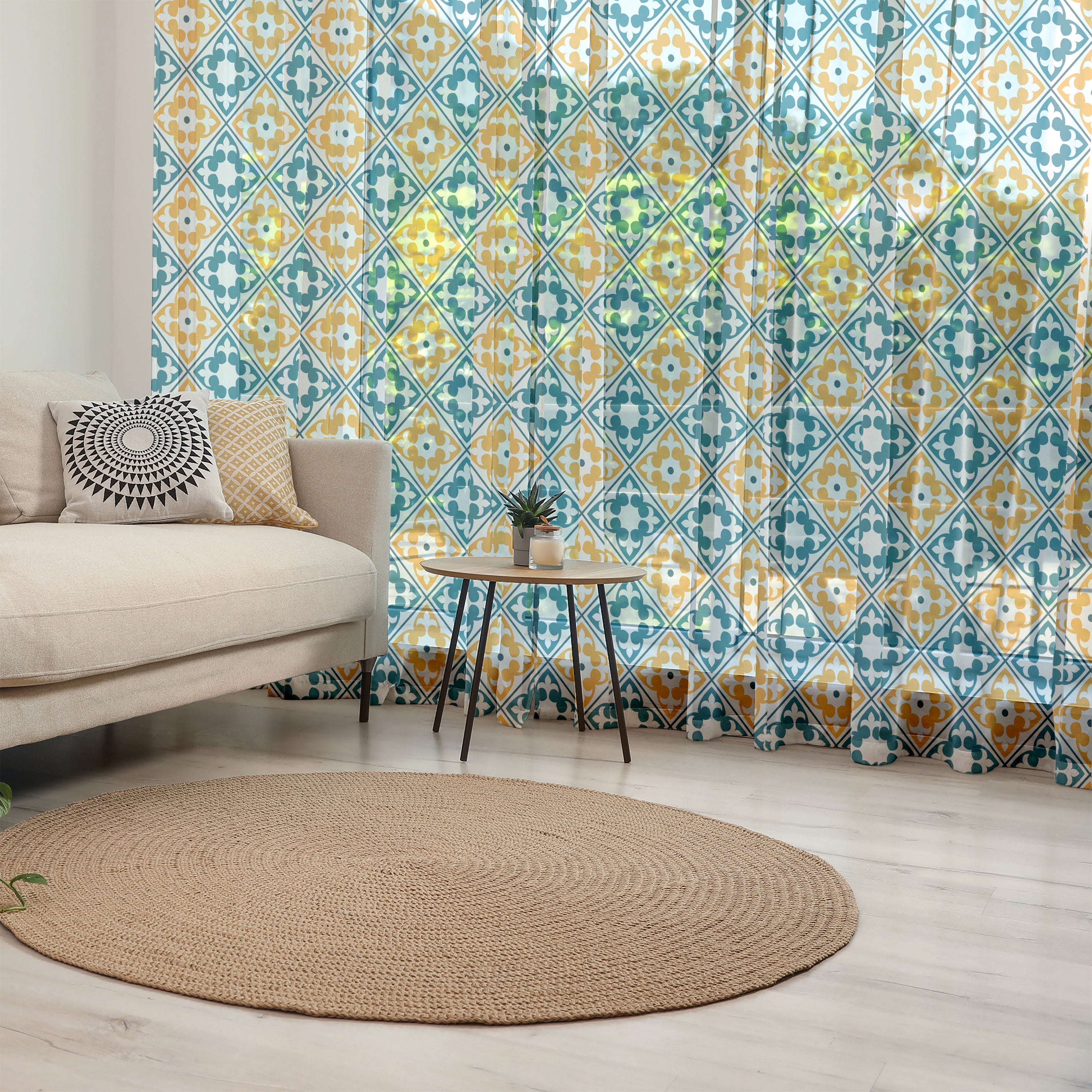 Moroccan Tulle Curtains with Rod Pocket, Spanish Portuguese Azulejo ...