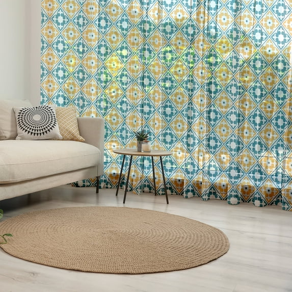 Moroccan Tulle Curtains with Rod Pocket, Spanish Portuguese Azulejo Inspired Abstract Natural Pattern with Leaves, Sheer Drape for Wedding Party 2 Panels, 7 Sizes, Teal Marigold White, by Ambesonne
