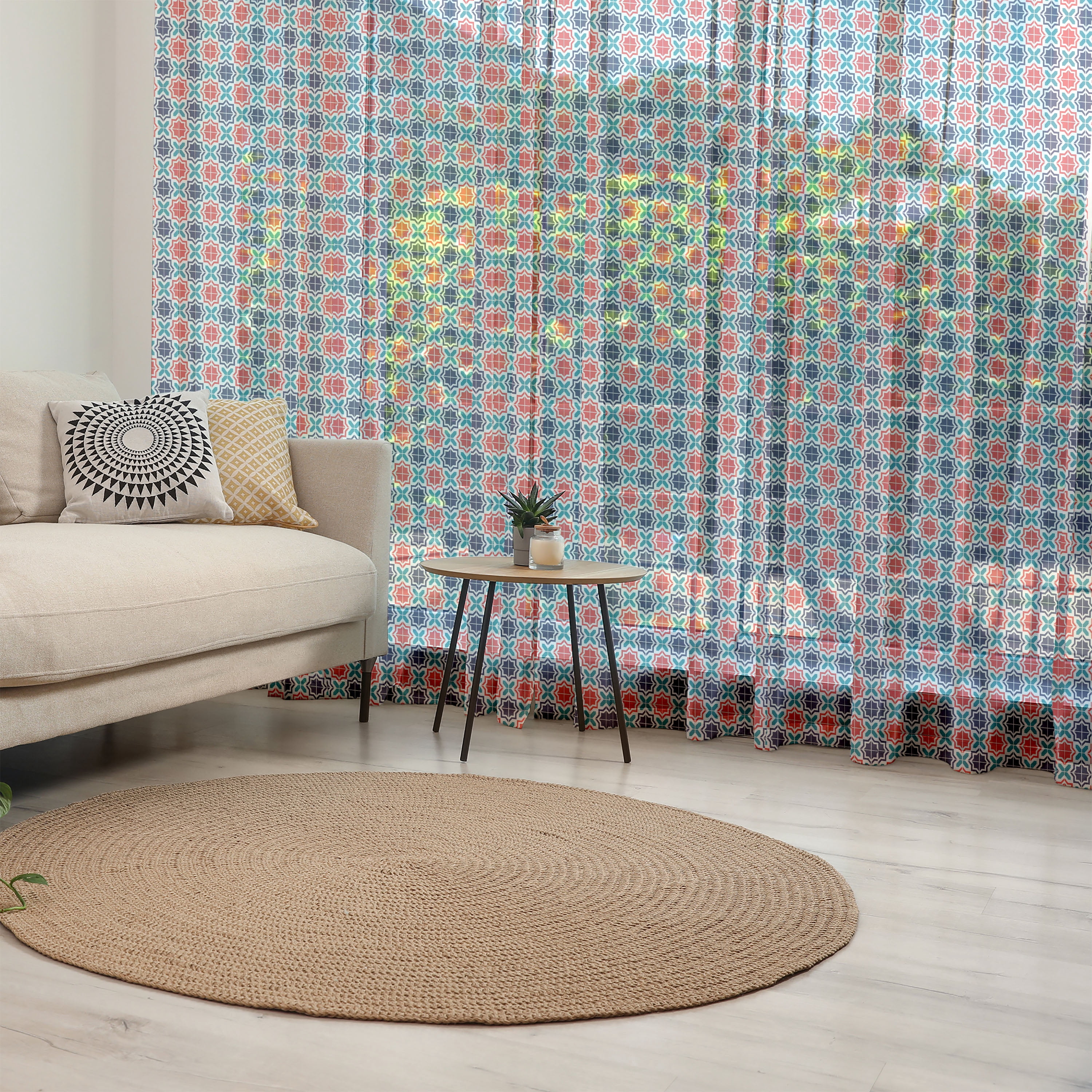 Tile Rods Moroccan Tulle Curtains with Rod Pocket, Vibrant Geometric Mosaic of ...