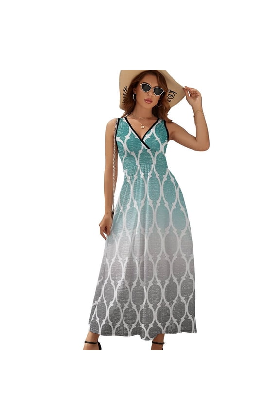 Moroccan Turquoise Gray Ombre Dress Summer Street Style Bohemia Long Dresses Female Sleeveless Printed Maxi Dress
