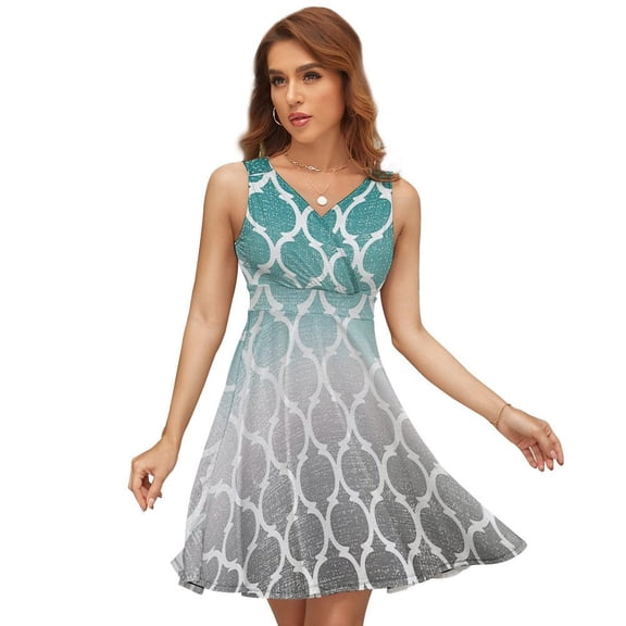 Moroccan Turquoise Gray Ombre Dress Summer Street Style Dresses Female Sleeveless Printed Sundress