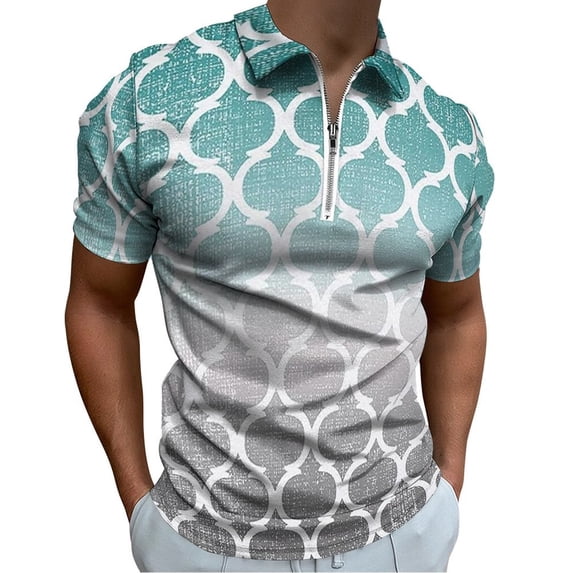 Moroccan Turquoise Gray Ombre Men Zipper T-shirt Summer Casual Short Sleeve T-shirt Top