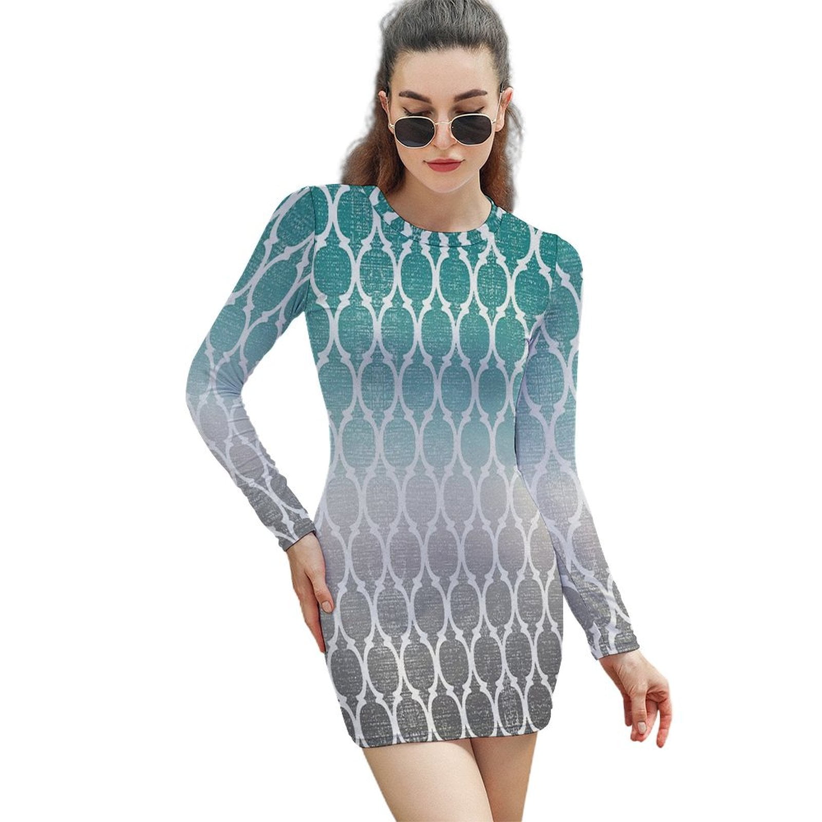 Moroccan Turquoise Gray Ombre Women's Long Sleeve Bodycon Dress Soft  Stretchy For Everyday Wear And Special Occasions - Walmart.com