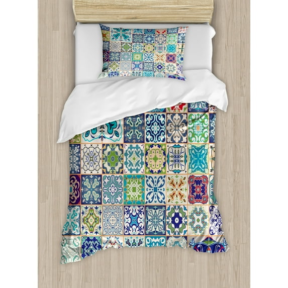 Moroccan Twin Size Duvet Cover Set, Floral Patchwork Design with Arabesque Figure Mediterranean Symbolic Artisan Work, Decorative 2 Piece Bedding Set with 1 Pillow Sham, Multicolor, by Ambesonne