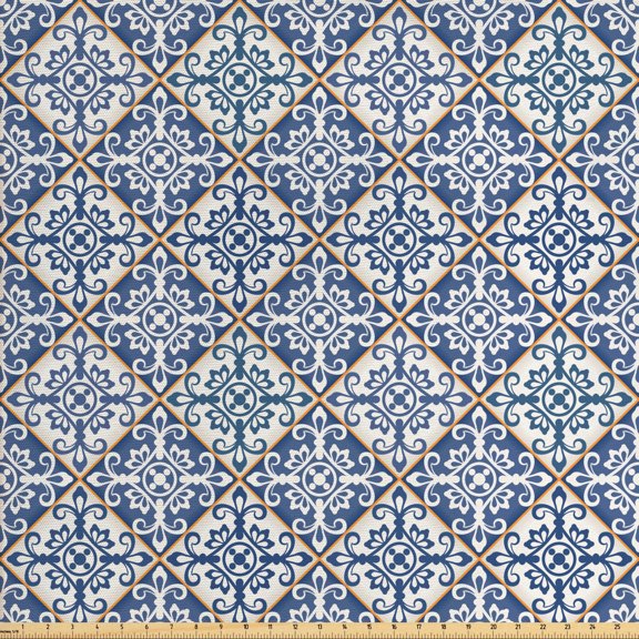 Moroccan Upholstery Fabric by the Yard, Azulejo Ceramic Pattern with Rectangle Shapes with Diagonal Square Design, Decorative Fabric for DIY and Home Accents, Blue Cream Marigold by Ambesonne