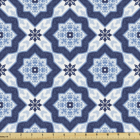 Ambesonne Moroccan Fabric by the Yard Upholstery, Diagonal Azuejo Motif, 3 Yards, Dark Blue White