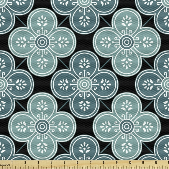 Ambesonne Moroccan Fabric by the Yard Upholstery, Floral Mediterranean Art, 1 Yard, Teal Petrol Blue