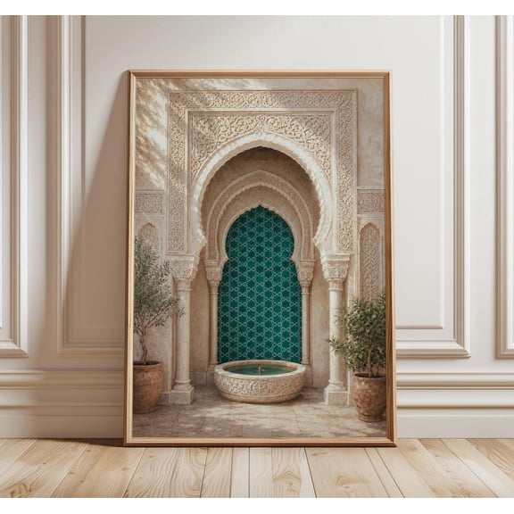 Moroccan Wall Art Andalusian Courtyard Fountain Marrakech Riad Decor Green Tile Arch Print Luxury Islamic Wall Art, Unframed Paper Print