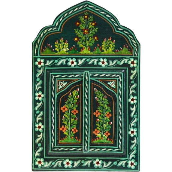 Moroccan Wall Mirror with Doors Hand Painted Arabesque Handmade Small Green