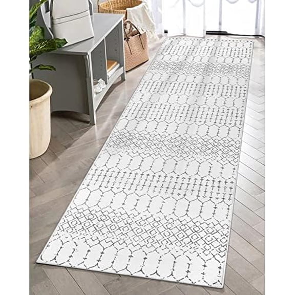 Moroccan Washable Runner Rug - 2x6 Non-Slip Throw Hallway Rug Runner Ultra-Thin Soft Kitchen Laundry Room White Print Distressed Carpet for Entryway Bathroom Living Room