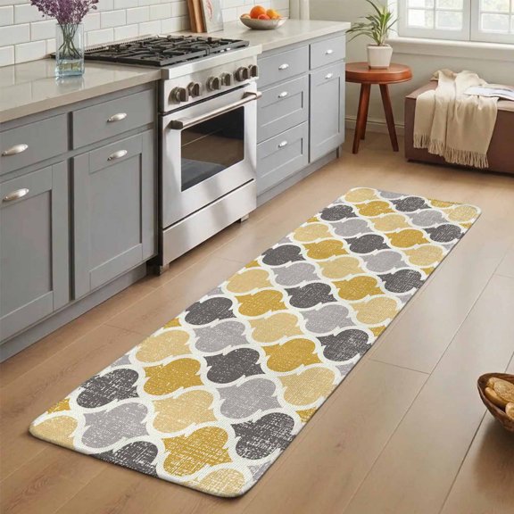 Moroccan Washable Runner Rug 3X5 ft Yellow Gray Geometric Retro Non-Slip Hallway Runner Rug, Linen Kitchen Runner Mats, Indoor Floor Carpet for Entryway Bathroom Bedroom Living Room