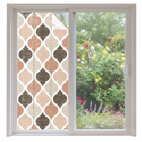 Moroccan Window Privacy Film Khaki Brown Geometric Retro Decorative Glass Window Film UV Blocking Static Cling Non-Adhesive Sticker Covering for Home Door 35.4x78.7 inches