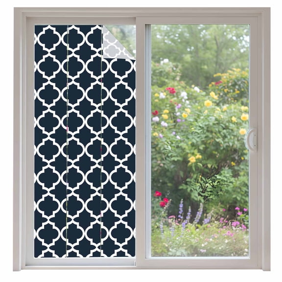 Moroccan Window Privacy Film Navy Blue Geometric Farmhouse Abstract Modern Decorative Glass Window Film UV Blocking Static Cling Non-Adhesive Sticker Covering for Home Door 35.4x78.7 inches