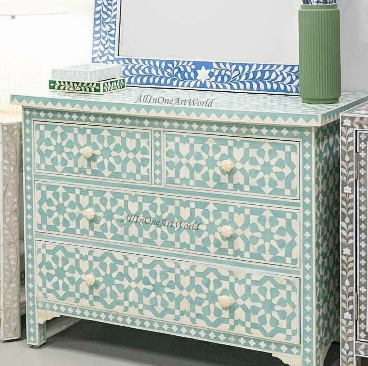 Moroccan bone inlay four drawer chest mint green, moroccan chest of drawers, moroccan inlay cabinet