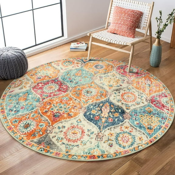 Moroccan check round area rug, washable, non-slip, soft and retro ultra-thin round carpet, suitable for bedrooms, entrances, kitchens, laundry rooms, bathrooms