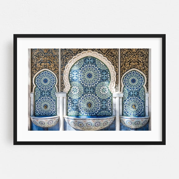 Moroccan fountain - Fes Fez-Meknès Morocco Photography Geometric Pattern Architecture Fountain Mediterranean Black Framed Wall Art Print 24 x 36 inches
