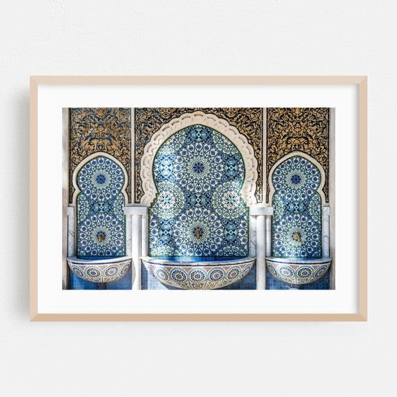 Moroccan fountain - Fes Fez-Meknès Morocco Photography Geometric Pattern Architecture Fountain Mediterranean Oak Framed Wall Art Print 24 x 36 inches