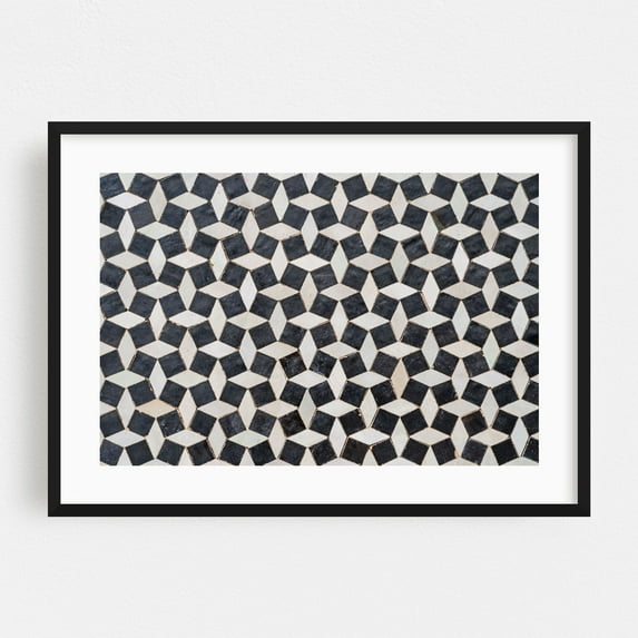 Moroccan mosaic in black and white - Fes Fez-Meknès Morocco Photography Geometric Pattern Abstract Black and White Modern Art Minimalist Art Deco Black Framed Wall Art Print 12 x 18 inches