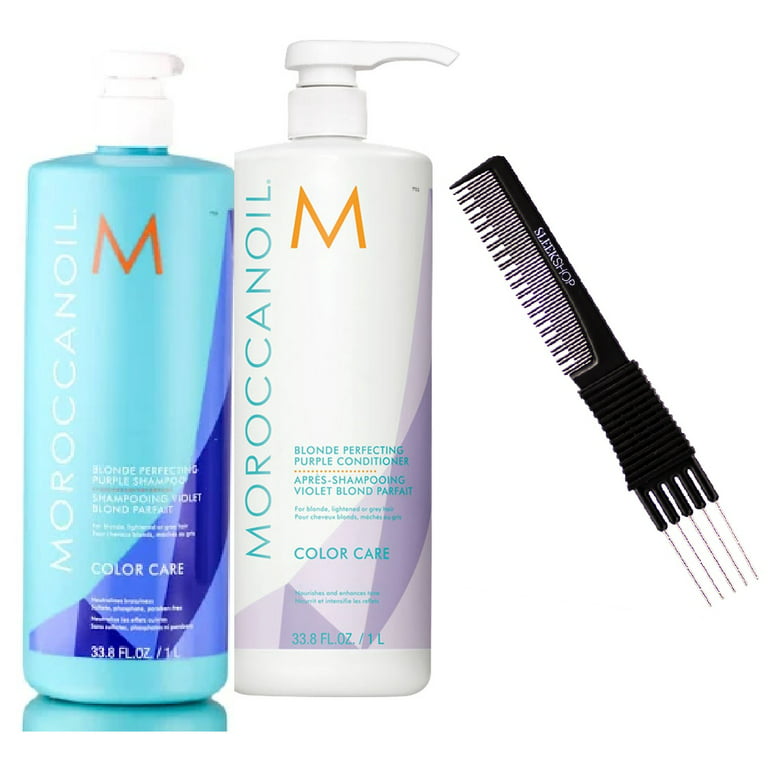Moroccanoil BLONDE PERFECTING PURPLE Shampoo & Conditioner, COLOR CARE 33.8  oz DUO LITER KIT (w/ Sleek Teasing Comb) Moroccan Oil Set for Blonde,  Lightenened, or Gray Hair 