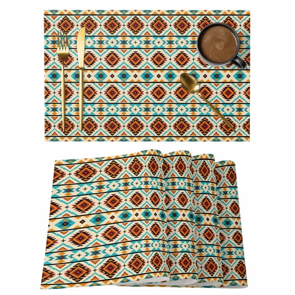 Morocco Abstract Tribal Texture Placemats Set of 6,Wipeable Washable Table Mats for Dining Tables, Ethnic Geometric Square Art Place Mats for Kitchen Event Party Tabletop Decor