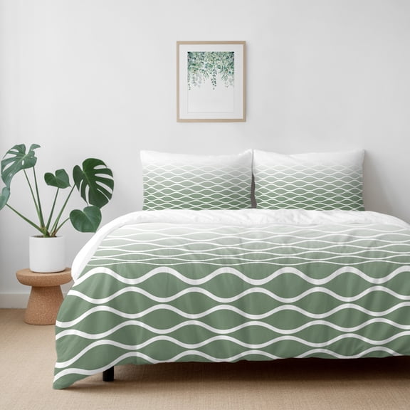 Morocco Art White Wave Stripe California King Size Bed Set,Sage Green Color Ombre Bedding for All Seasons,4 Pcs Bed Set with 1 Quiltcover (96"x104"),1 Sheet (110"x98"),2 Pillowcases (20"x36")